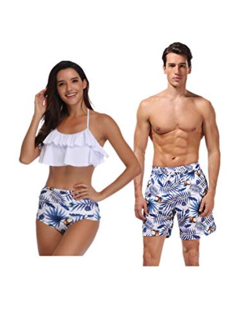 Jumojufol Women Men Couple Swimsuits Matching Swim Trunk Bikini 2 Pack