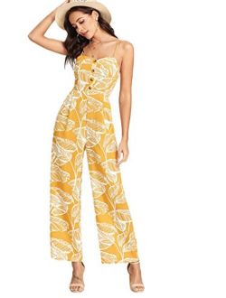 Women's Palm Leaf Print Shirred Back Button Cami Palazzo Jumpsuit