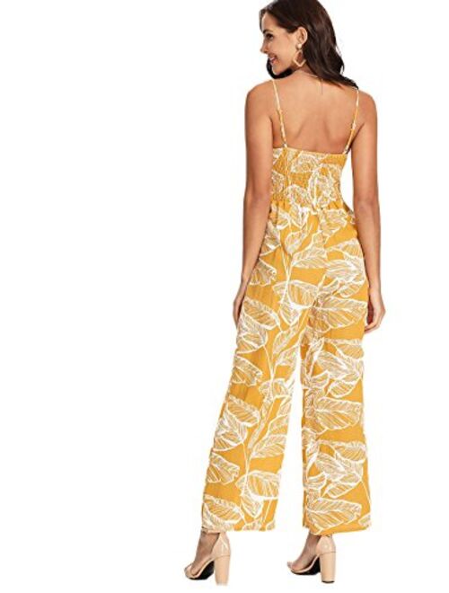 Floerns Women's Palm Leaf Print Shirred Back Button Cami Palazzo Jumpsuit