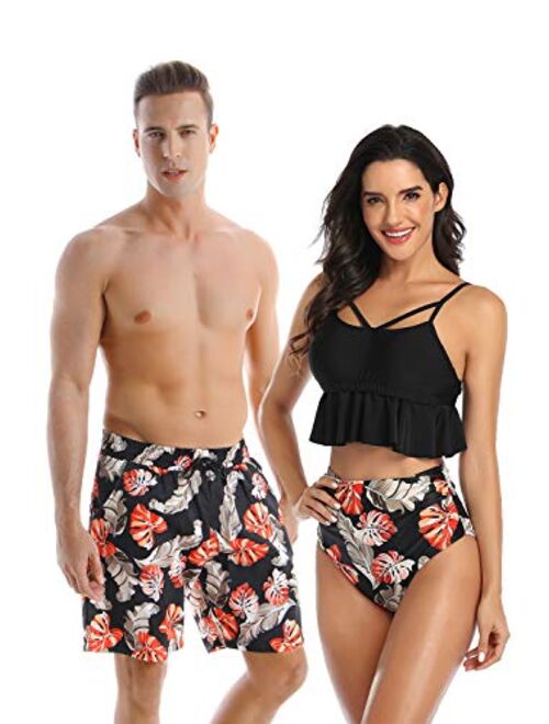 Jumojufol Matching Couple Swimsuits Men Swim Trunk Women Bikini 2 Pack