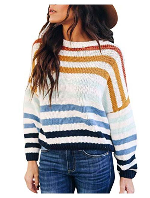 cordat Women Sweaters Long Sleeve Crew Neck Color Block Striped Oversized Casual Knitted Pullover Tops