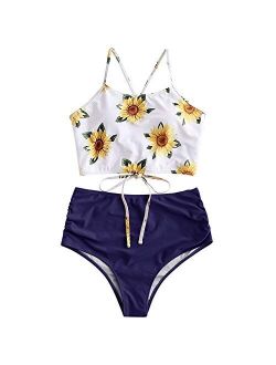 Sunflower Bikini Set Padded Lace Up Ruched Tankini High Waisted Bathing Suit