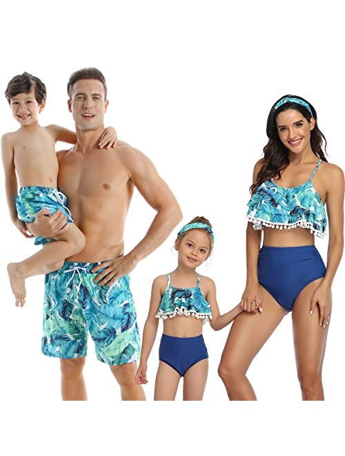 WPNAKS Couple Matching Swimsuits Swim Trunk and High Waist Bikini Set Beach Swimwear for Women and Men