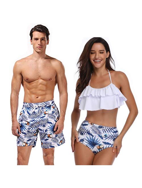 Ulikeey Blue Coconut and Leaves Matching Swimsuit for Couples Men and Women Beach Bathing Suits