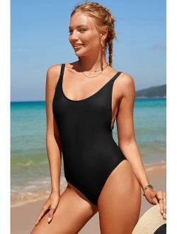 Womens Simple Low Cut Sides Wide Straps High Legs One-Piece Swimsuit