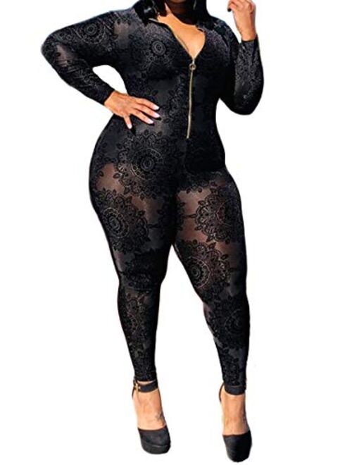 Women's Sexy Plus Size See Through Jumpsuit Sheer Mesh Bodycon Floral Jumpsuit Plus Size Clubwear Rompers