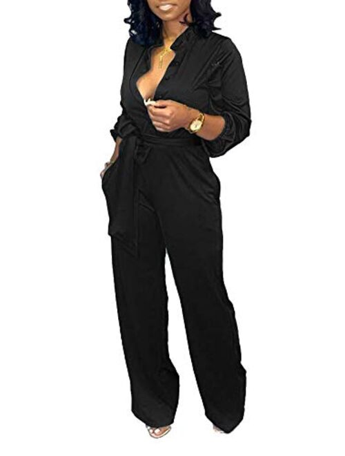 Tbahhir Women's Black and White Colorblock Long Sleeve Jumpsuit Wide Leg Long Pants Romper Overalls