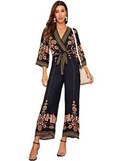 Women's Floral Embroidery Belted Wrap Wide Leg Jumpsuit Culotte
