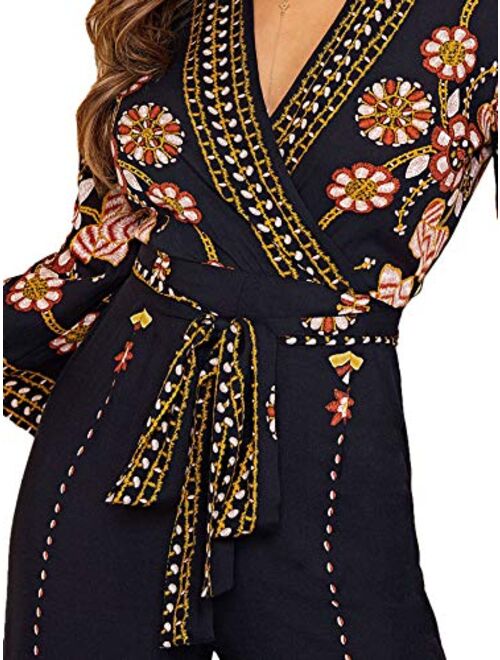 Verdusa Women's Floral Embroidery Belted Wrap Wide Leg Jumpsuit Culotte