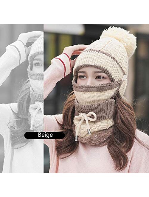 3pcs/Set Fashion Women Winter Knitted Hat Thickened Woolen Cap with Warm Mask and Neck Scarf