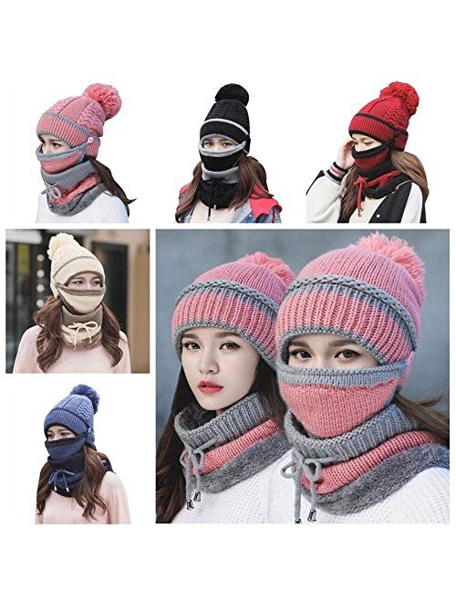 3pcs/Set Fashion Women Winter Knitted Hat Thickened Woolen Cap with Warm Mask and Neck Scarf