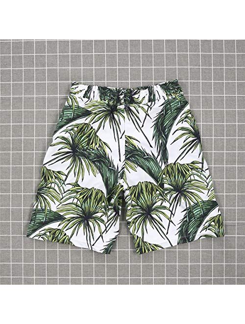 Family Matching Leaf Print Swimwear Beachwear Mom&Girl Open Back Swimsuit Dad&Boy Swim Trunks with Drawstring