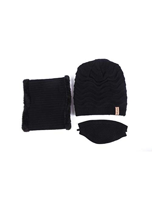 Vita Culina Unisex Winter Outdoor Wind Proof 3pcs Knit Hat Skull Cap, Neck Warmer Scarf and Cloth Mask (5ply Pocket Filter)
