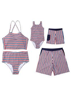 Family Matching Striped Sleeveless Swimsuit Mommy&Me Bathing Suit Women 2Pcs Padded Bikini Sets Girl 1Pcs Monokini