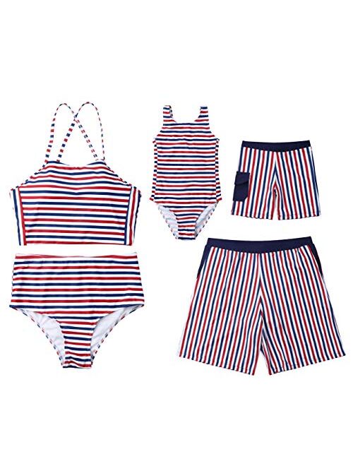 Family Matching Striped Sleeveless Swimsuit Mommy&Me Bathing Suit Women 2Pcs Padded Bikini Sets Girl 1Pcs Monokini