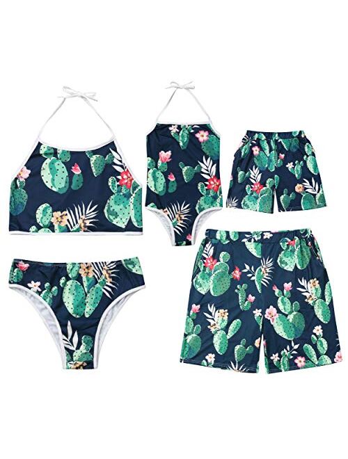 Family Matching Cactus Print Bathing Suit Mom&Girl Spaghetti Straps Halter Neck Swimsuit Dad&Boy Swim Shorts