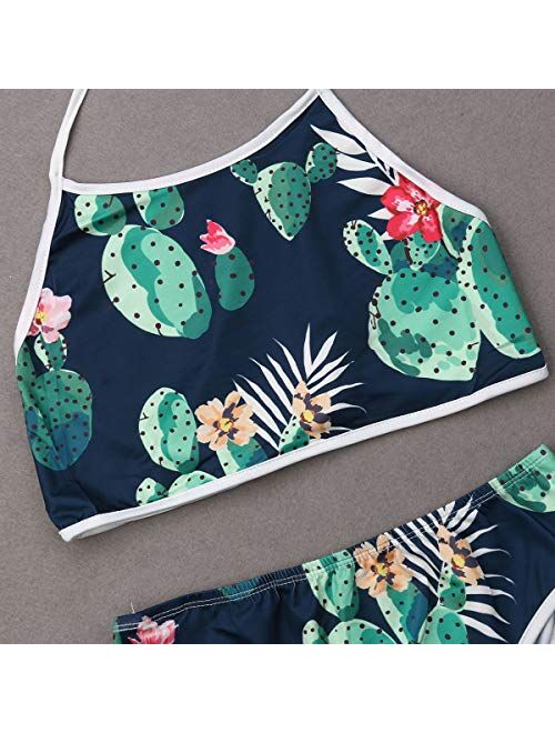 Family Matching Cactus Print Bathing Suit Mom&Girl Spaghetti Straps Halter Neck Swimsuit Dad&Boy Swim Shorts