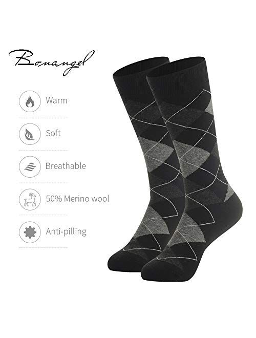Bonangel Merino Wool Socks for Men Lightweight ,Winter Therminal Wool Dress Socks ,Crew Socks, Sweat-wicking ,Black & Argyle,Gifts