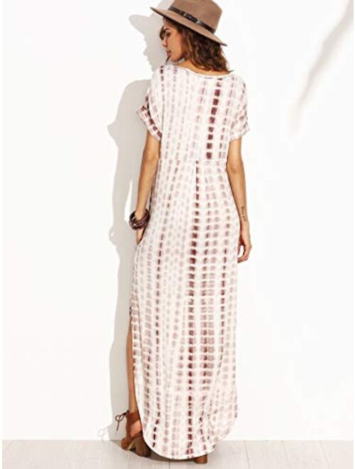 MakeMeChic Women's Boho Casual Maxi Short Sleeve Split Tie Dye Long Dress with Pockets