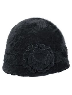 Dahlia Women's Skullies & Beanies - Angora Wool Winter Hat w/Ruffled Flower