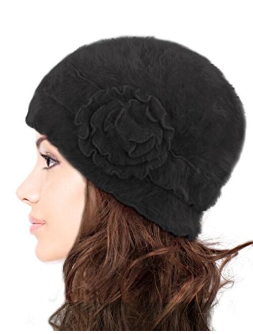 Dahlia Women's Skullies & Beanies - Angora Wool Winter Hat w/Ruffled Flower