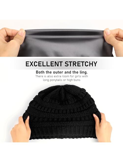 Womens Satin Lined Winter Beanie Cable Knit Beanie for Men Silk Lining Thick Chunky Cap Soft Slouchy Warm Hat