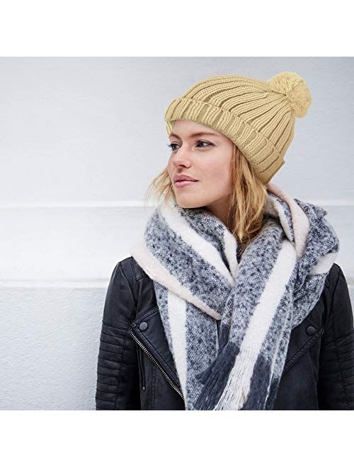 Winter Pom Pom Beanie Hat - Cute Knit Yarn and Warm Fleece-Lined Slouchy Skull Ski Cap for Women