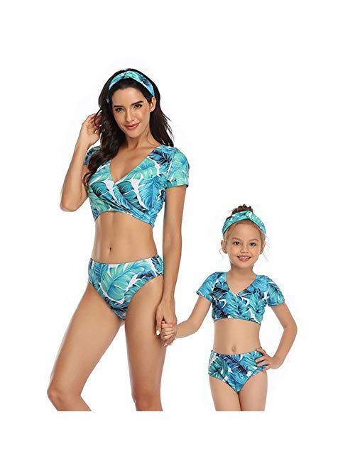 Blue Leaves Family Matching Swimsuit Tankini 2 Piece Set, Matching Swimwear for Dad Mom Son Daughter