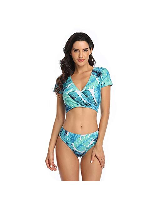 Blue Leaves Family Matching Swimsuit Tankini 2 Piece Set, Matching Swimwear for Dad Mom Son Daughter