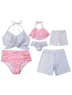 Family Matching Dot Print Swimwear Parent-Child Swimwear Mommy&Me 2 Pieces Bikini Sets Daddy&Me 1 Piece Swim Shorts