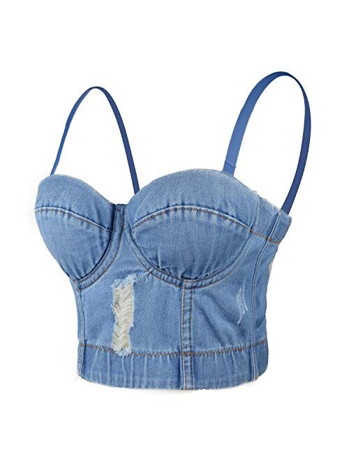 ELLACCI Women's Destructed Denim Bustier Crop Top Jeans Corset Top
