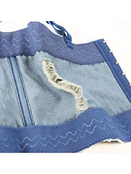 ELLACCI Women's Destructed Denim Bustier Crop Top Jeans Corset Top