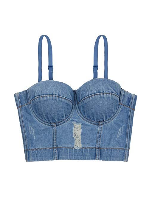 ELLACCI Women's Destructed Denim Bustier Crop Top Jeans Corset Top