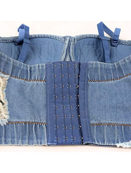 ELLACCI Women's Destructed Denim Bustier Crop Top Jeans Corset Top