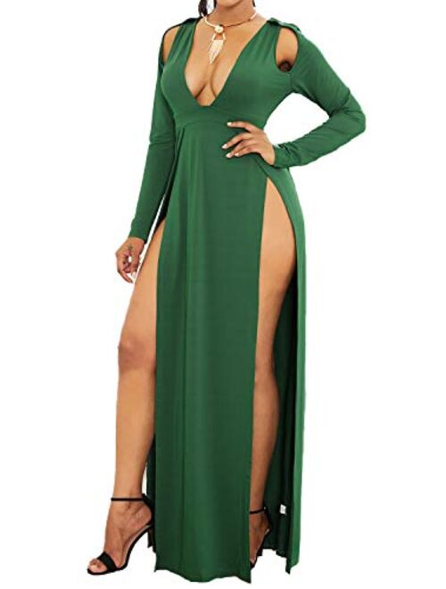 Enggras Women's Plunging V Neck Maxi Dress Double High Slit Long Dress Long Sleeve Party Evening Beach Dress
