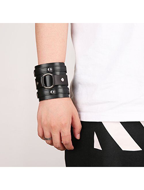 HZMAN Wide Cuff Wrap Gothic Wristband Punk Rock Biker Wide Strap Leather Bracelet