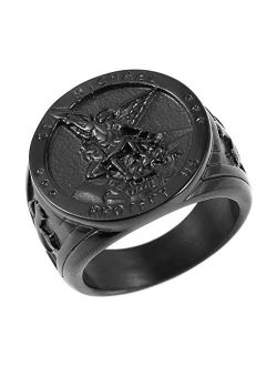 St. Michael San Miguel The Great Protector Archangel Defeating Satan Figurine Stainless Steel Amulet Ring