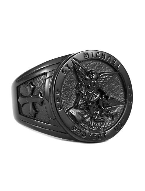 HZMAN St. Michael San Miguel The Great Protector Archangel Defeating Satan Figurine Stainless Steel Amulet Ring