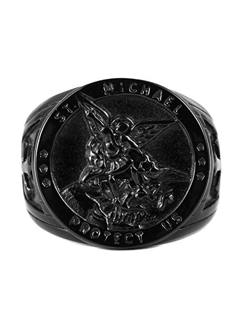 HZMAN St. Michael San Miguel The Great Protector Archangel Defeating Satan Figurine Stainless Steel Amulet Ring