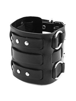 Men's Alloy Ring Genuine Leather Bracelet Bangle Cuff Silver Tone Adjustable