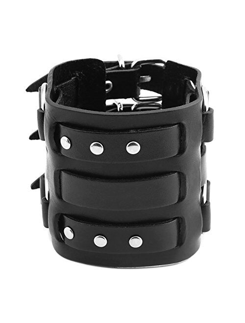 HZMAN Men's Alloy Ring Genuine Leather Bracelet Bangle Cuff Silver Tone Adjustable