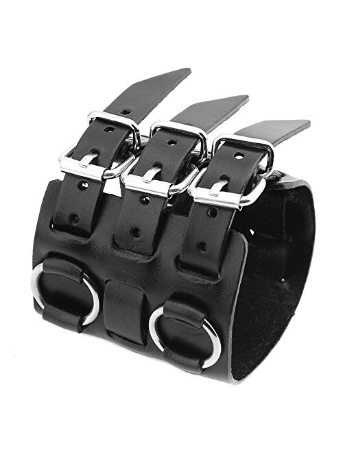 HZMAN Men's Alloy Ring Genuine Leather Bracelet Bangle Cuff Silver Tone Adjustable