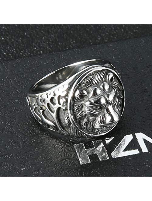 HZMAN Men's Vintage Stainless Steel Ring Lion Head Shield Biker Gold/Silver/Black