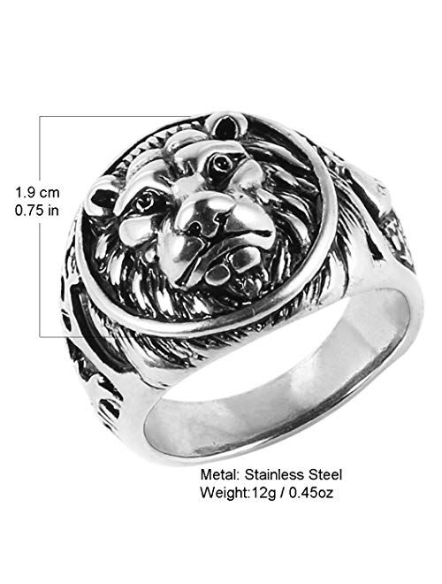 HZMAN Men's Vintage Stainless Steel Ring Lion Head Shield Biker Gold/Silver/Black