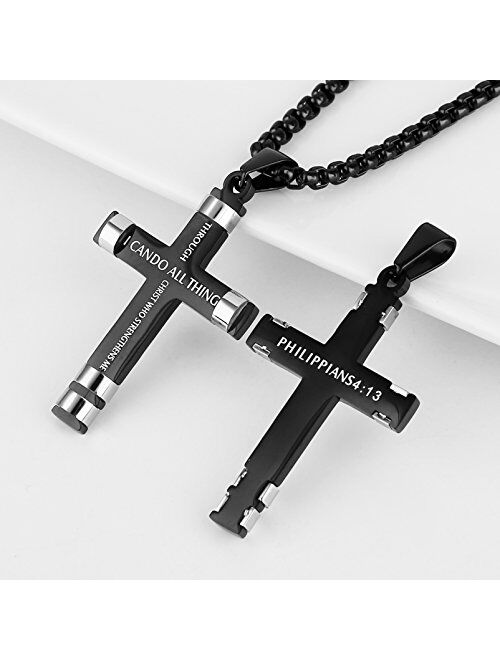 HZMAN Philippians 4:13 Cross Pendant STRENGTH Bible Verse Stainless Steel Necklace 3 Colors Available