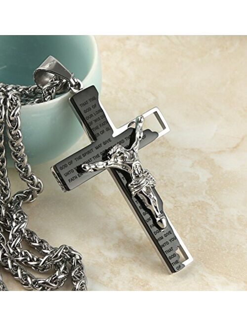 HZMAN Men's Stainless Steel Cross Crucifix Bible Prayer Pendant Necklace 22+2" Chain