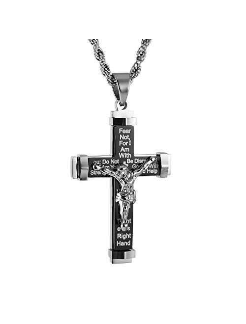 HZMAN Men's Crucifix Stainless Steel Cross Lord's Prayer Pendant Necklace with 20" 24" 28" Rope Chain