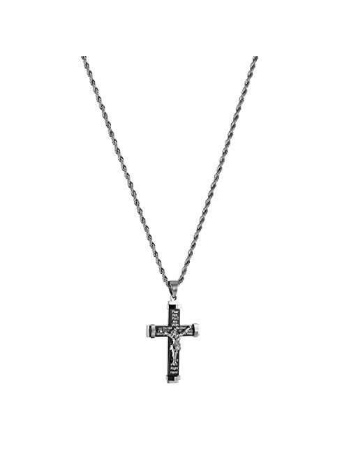 HZMAN Men's Crucifix Stainless Steel Cross Lord's Prayer Pendant Necklace with 20" 24" 28" Rope Chain