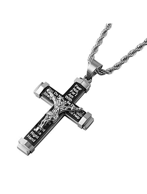 HZMAN Men's Crucifix Stainless Steel Cross Lord's Prayer Pendant Necklace with 20" 24" 28" Rope Chain