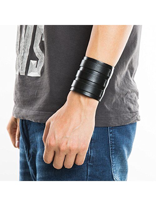 HZMAN Mens Genuine Leather Wide Triple Strap Cuff Wrap Gauntlet Wristband Buckle Fastening Arm Armor Cuff